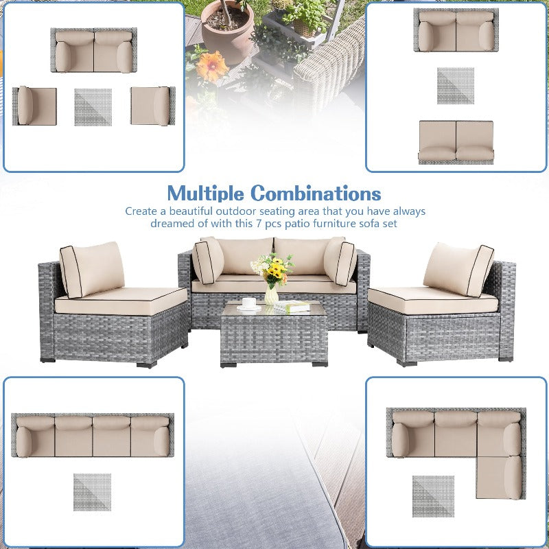 sobaniilowholesale Patio Furniture 5 Pieces Outdoor Sectional Sofa Set, Silver Wicker#color_khaki