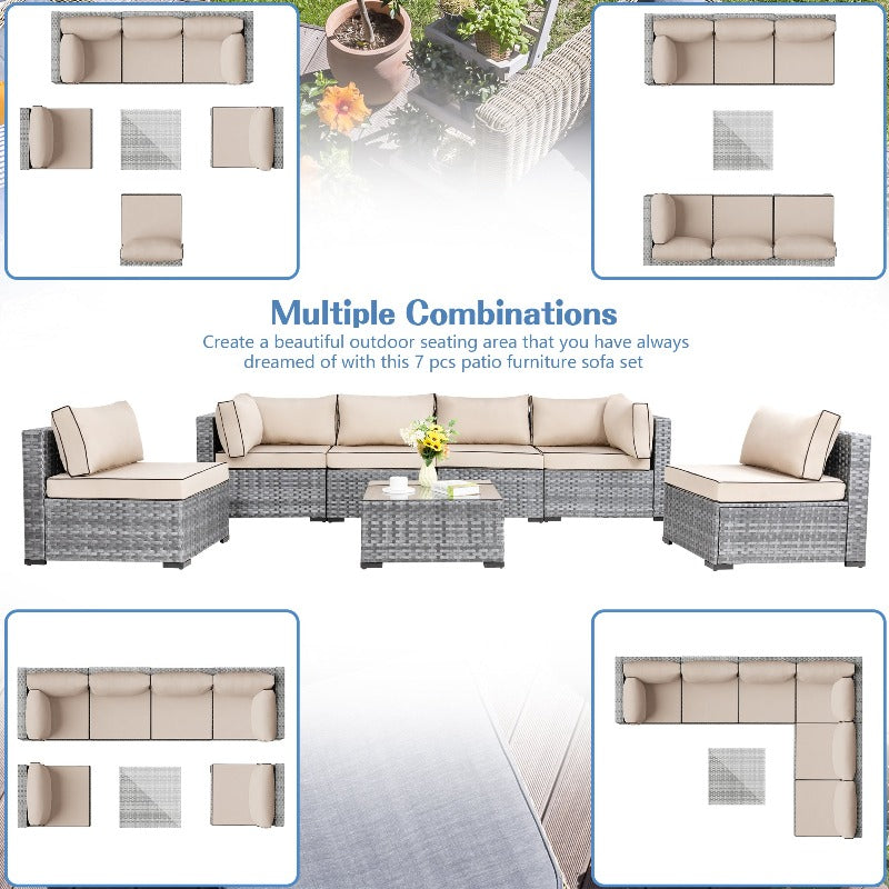 sobaniilowholesale Patio Furniture 7 Pieces Outdoor Sectional Sofa Set, Silver Wicker#color_khaki (7047155384496)