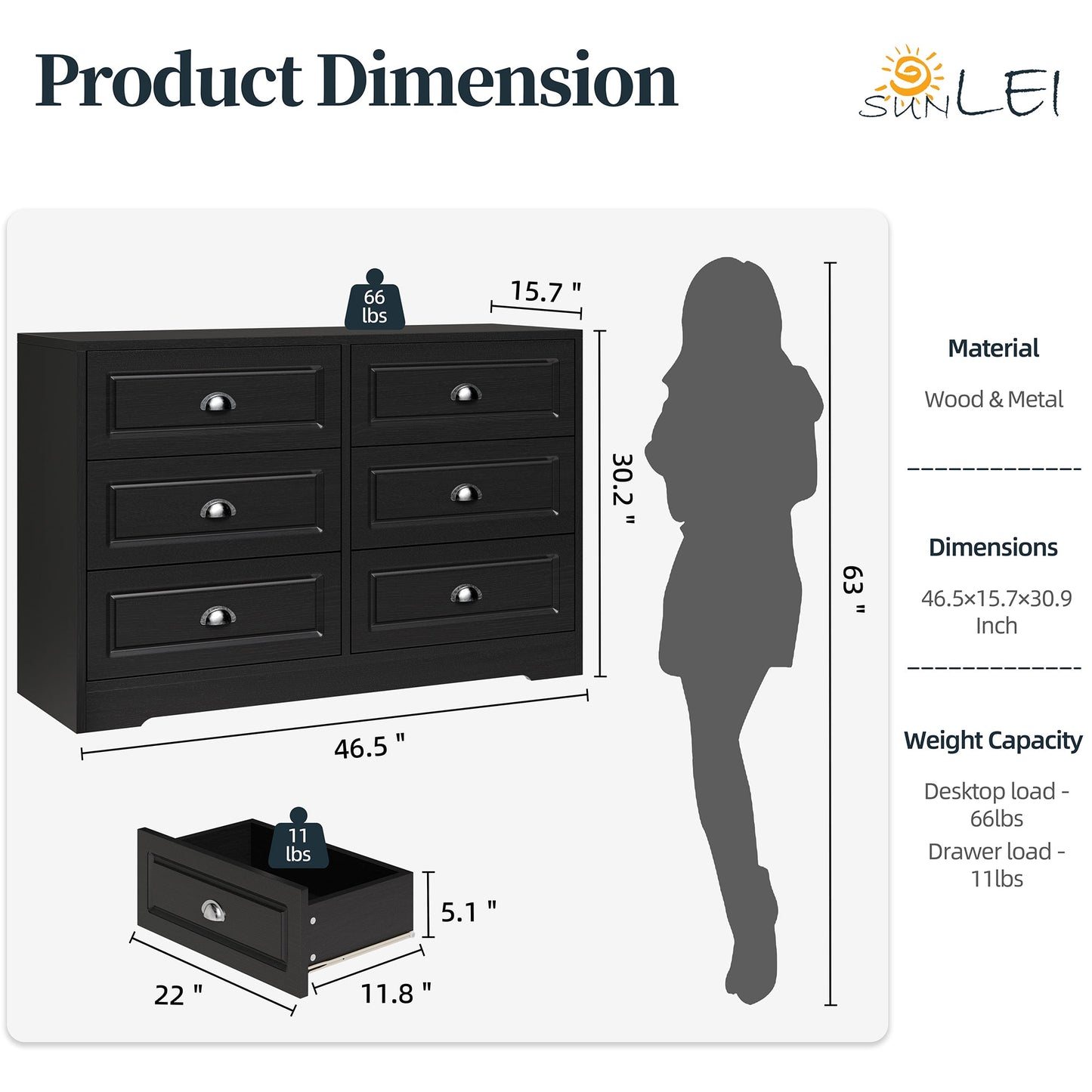 sobaniilowholesale 9 Drawer Double Dresser Black Wooden Wide Chest of Drawers with Metal Handles Storage Organizer Dresser Nursery Dresser for Living Room Hallway (7504222027952)