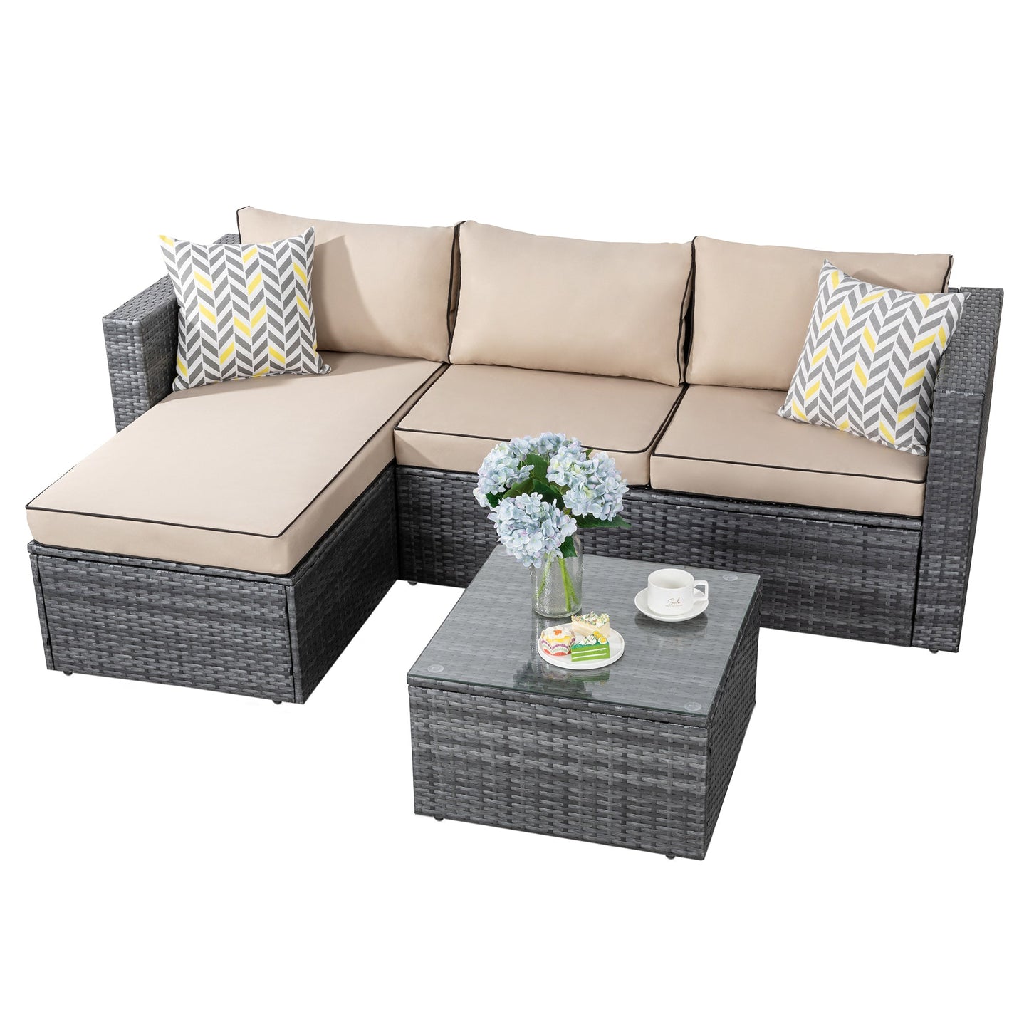 sobaniilowholesale Patio Furniture 3 Pieces Outdoor Sectional Sofa Set With Silver Wicker & Chaise