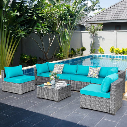 sobaniilowholesale Patio Furniture 7 Pieces Outdoor Sectional Sofa Set, Silver Wicker#color_blue (7047155384496)