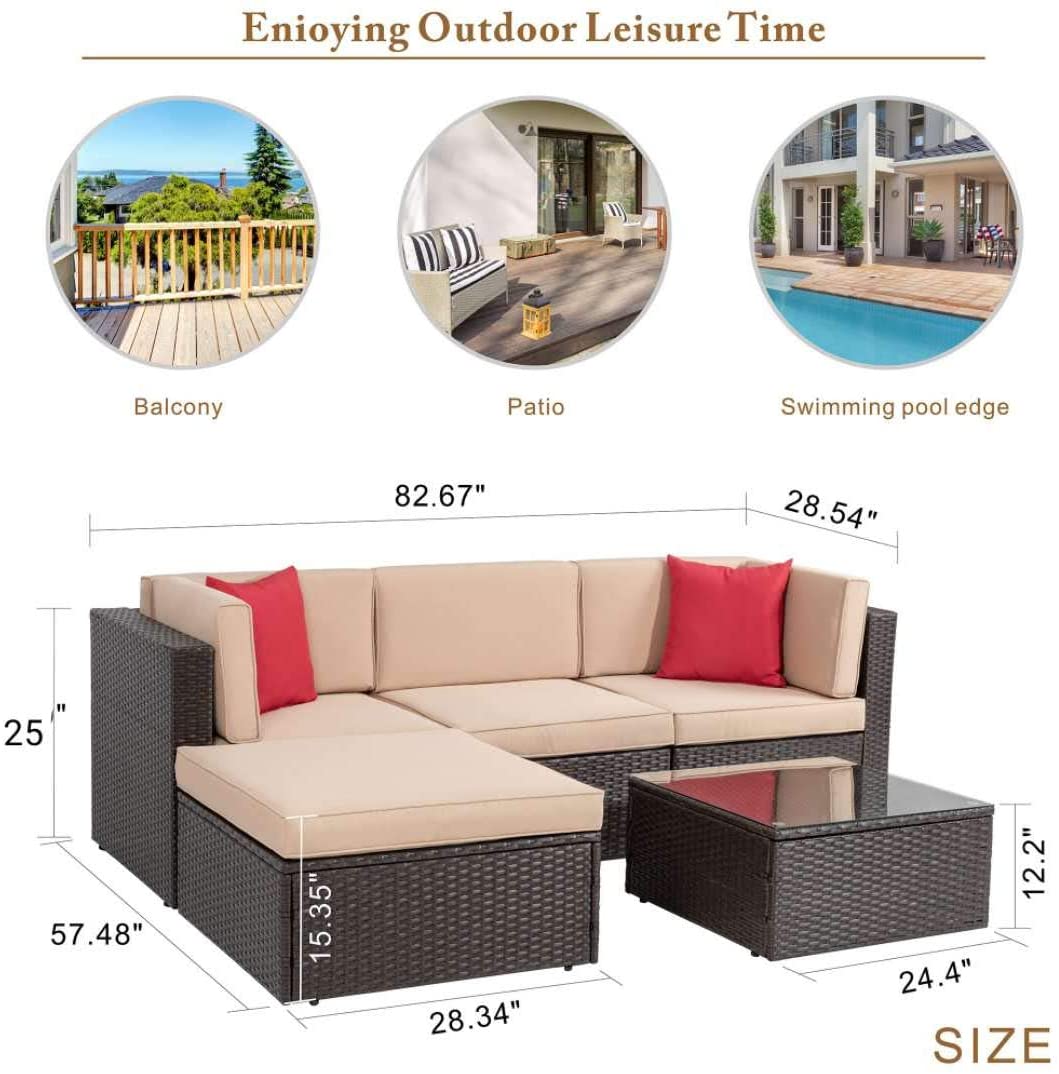 sobaniilowholesale 5 Pieces PE Wicker Chaise Outdoor Sectional Sofa Set