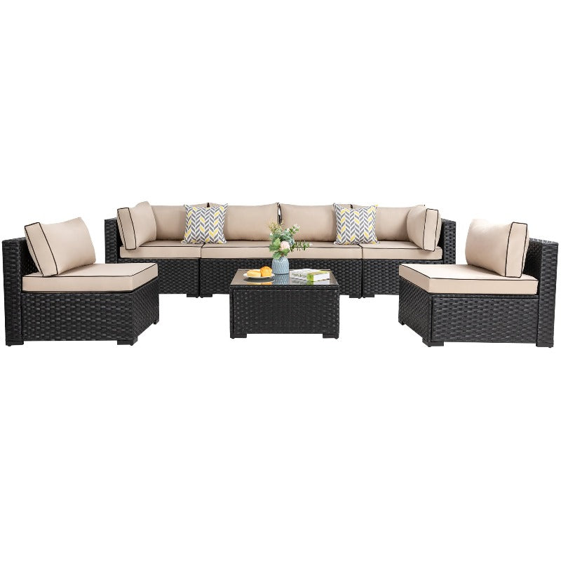 sobaniilowholesale Patio Furniture 7 Pieces Outdoor Sectional Sofa Set, Black Wicker#color_khaki (7047144276144)