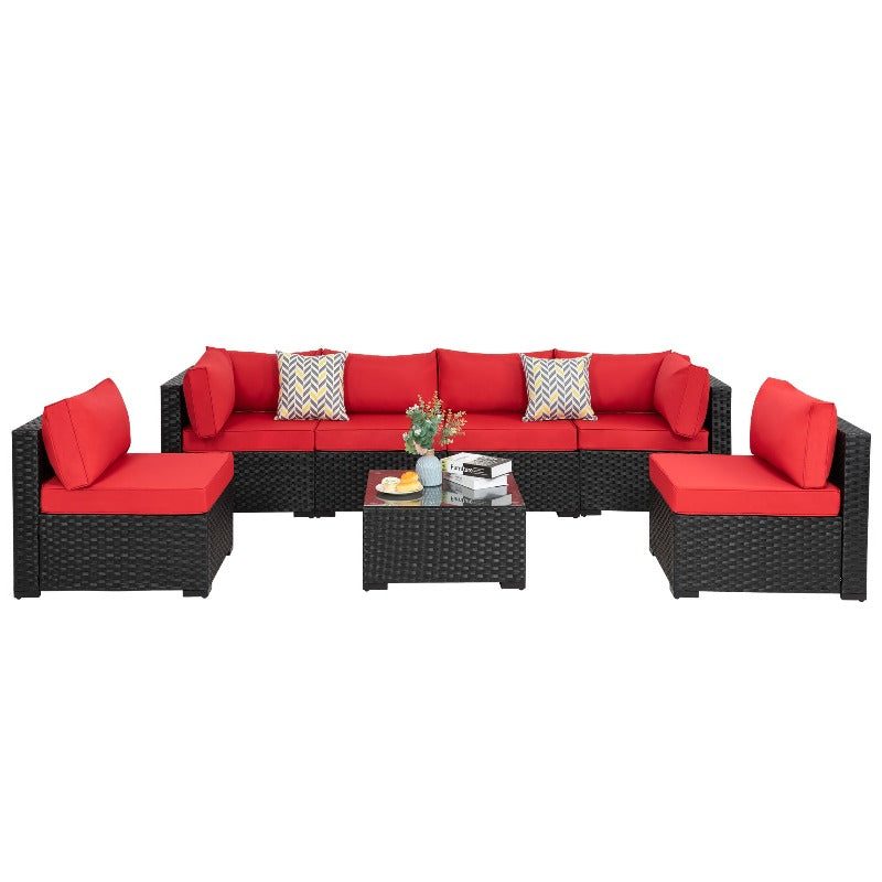 sobaniilowholesale Patio Furniture 7 Pieces Outdoor Sectional Sofa Set, Black Wicker#color_red (7047144276144)