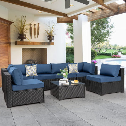 sobaniilowholesale Patio Furniture 7 Pieces Outdoor Sectional Sofa Set, Black Wicker#color_aegean-blue (7047144276144)