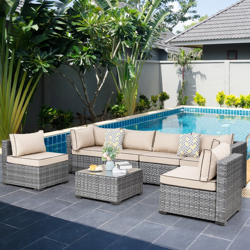 sobaniilowholesale Patio Furniture 7 Pieces Outdoor Sectional Sofa Set, Silver Wicker#color_khaki (7047155384496)