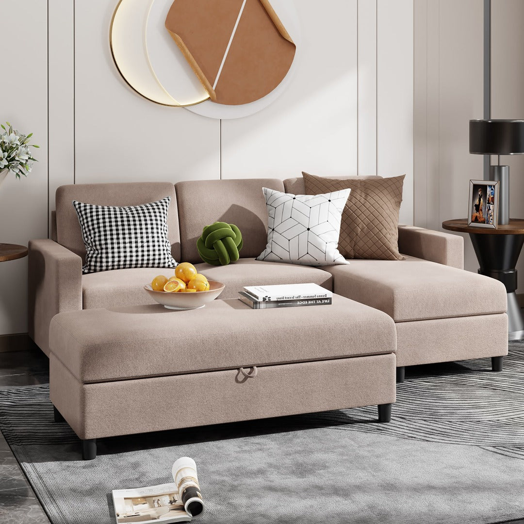 sobaniilowholesale Sectional Sofa With Long Storage Ottoman For Small Apartment#color_khaki (7136755155120)