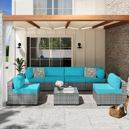 sobaniilowholesale Patio Furniture 7 Pieces Outdoor Sectional Sofa Set, Silver Wicker#color_blue (7047155384496)