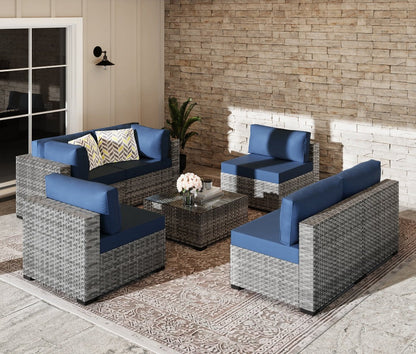 sobaniilowholesale Patio Furniture 7 Pieces Outdoor Sectional Sofa Set, Silver Wicker#color_aegean-blue (7047155384496)