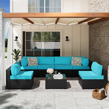 sobaniilowholesale Patio Furniture 7 Pieces Outdoor Sectional Sofa Set, Black Wicker#color_blue (7047144276144)