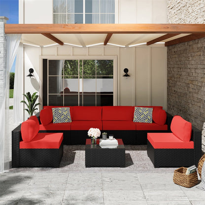 sobaniilowholesale Patio Furniture 7 Pieces Outdoor Sectional Sofa Set, Black Wicker#color_red (7047144276144)