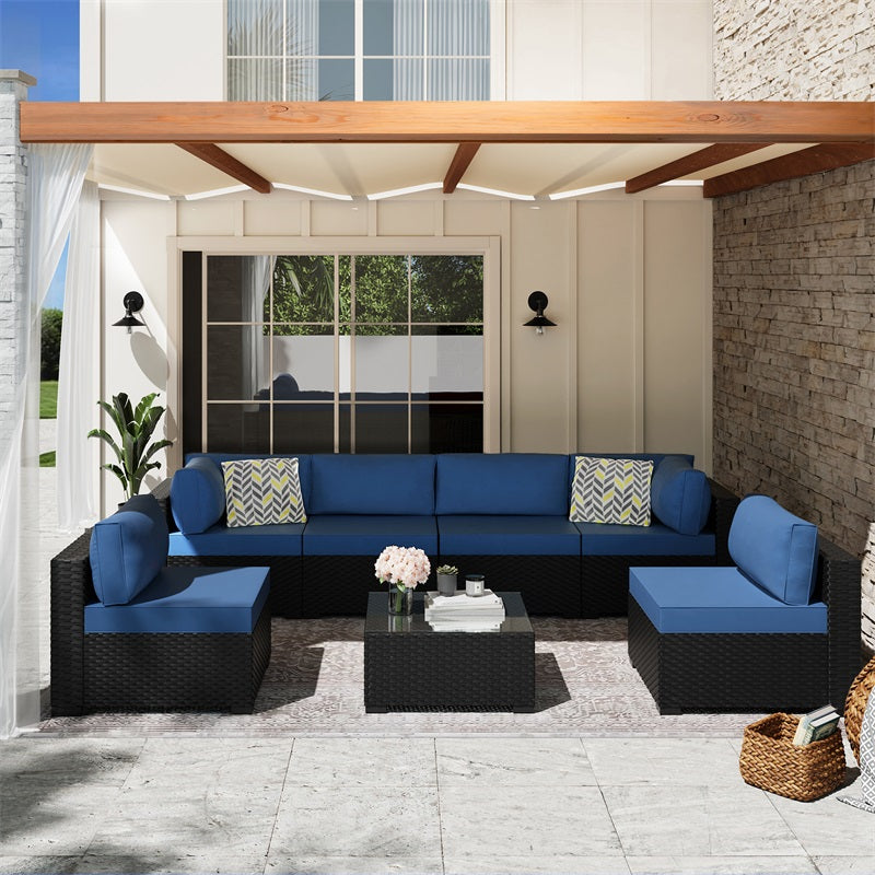 sobaniilowholesale Patio Furniture 7 Pieces Outdoor Sectional Sofa Set, Black Wicker#color_aegean-blue (7047144276144)