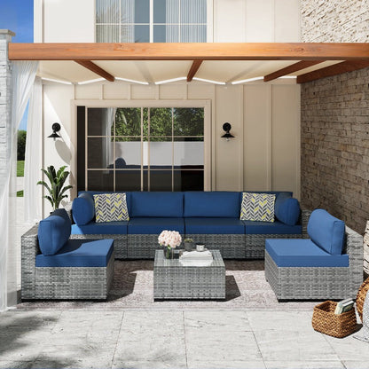 sobaniilowholesale Patio Furniture 7 Pieces Outdoor Sectional Sofa Set, Silver Wicker#color_aegean-blue (7047155384496)