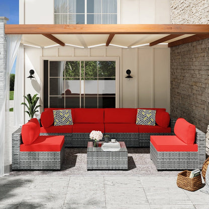 sobaniilowholesale Patio Furniture 7 Pieces Outdoor Sectional Sofa Set, Silver Wicker#color_red (7047155384496)