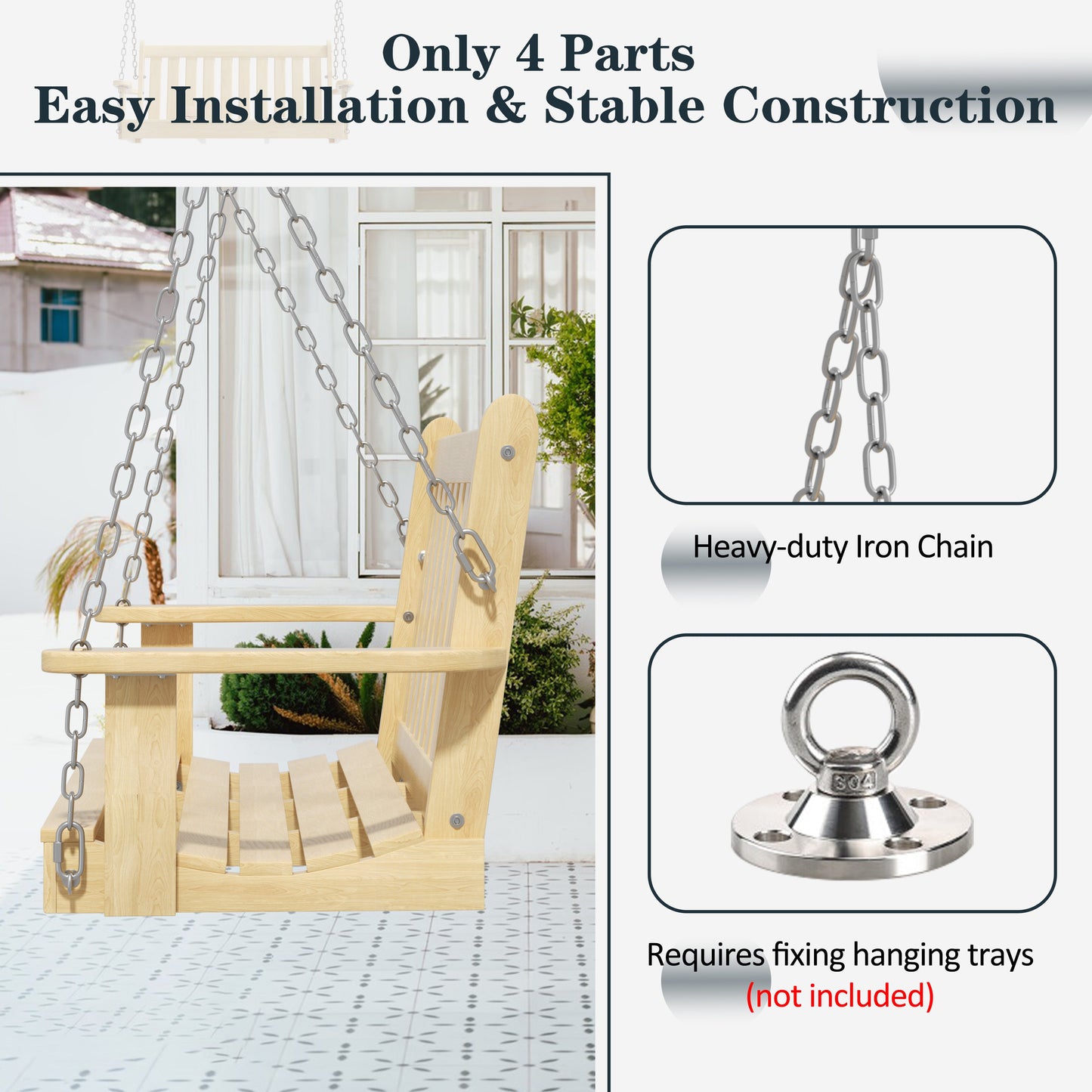 sobaniilowholesale Wooden Hanging Swing Chair Natural Wood 2-Seated Bench Swing with Hanging Chains and Cozy Armrests Patio Porch Swing