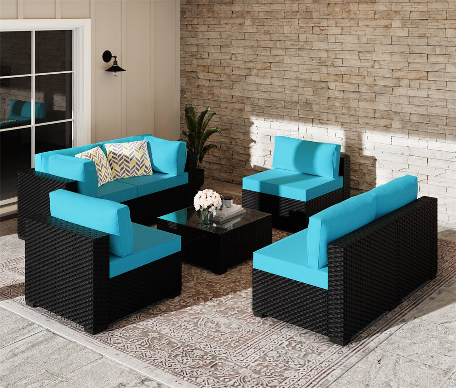 sobaniilowholesale Patio Furniture 7 Pieces Outdoor Sectional Sofa Set, Black Wicker#color_blue (7047144276144)