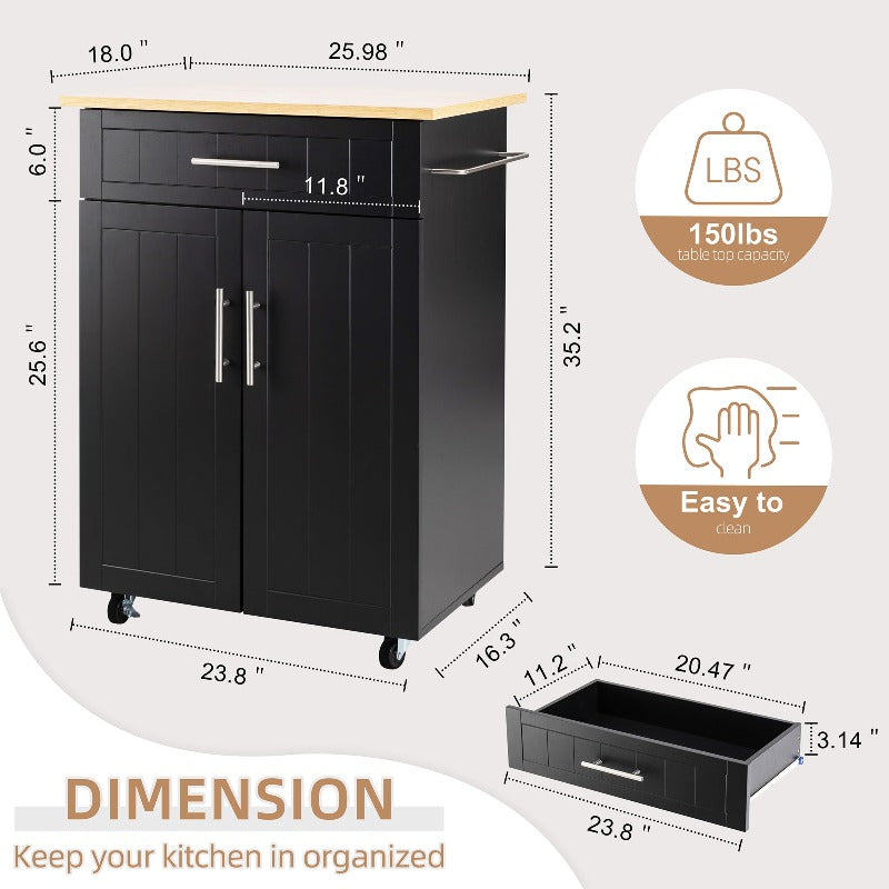 sobaniilowholesale 26 Rolling Kitchen Island with Solid Wood Top#color_black