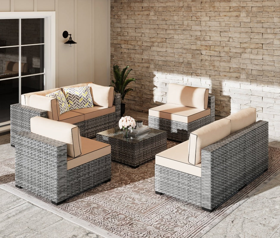 sobaniilowholesale Patio Furniture 7 Pieces Outdoor Sectional Sofa Set, Silver Wicker#color_khaki (7047155384496)