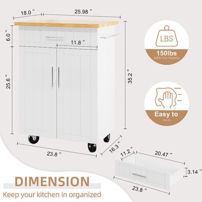 sobaniilowholesale 26 Rolling Kitchen Island with Solid Wood Top#color_white