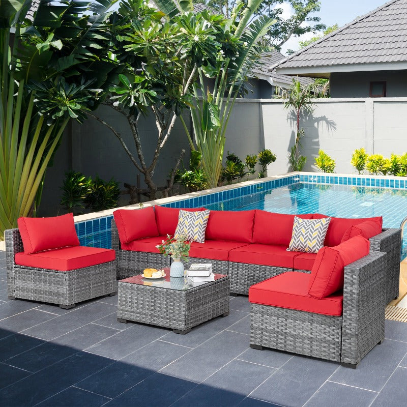 sobaniilowholesale Patio Furniture 7 Pieces Outdoor Sectional Sofa Set, Silver Wicker#color_red (7047155384496)