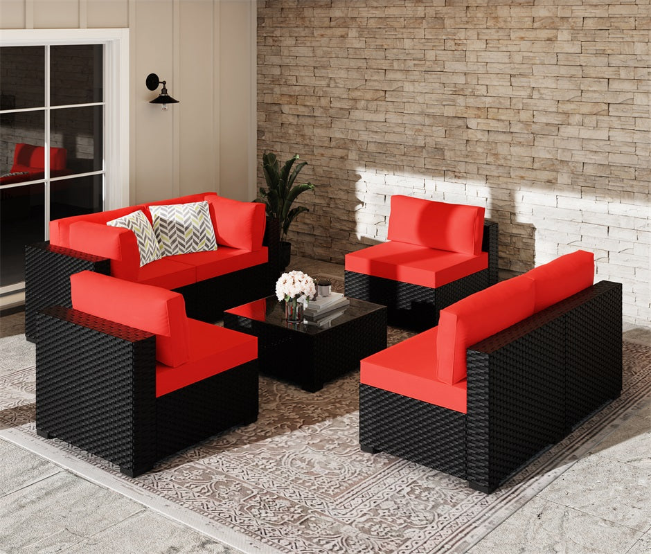 sobaniilowholesale Patio Furniture 7 Pieces Outdoor Sectional Sofa Set, Black Wicker#color_red (7047144276144)