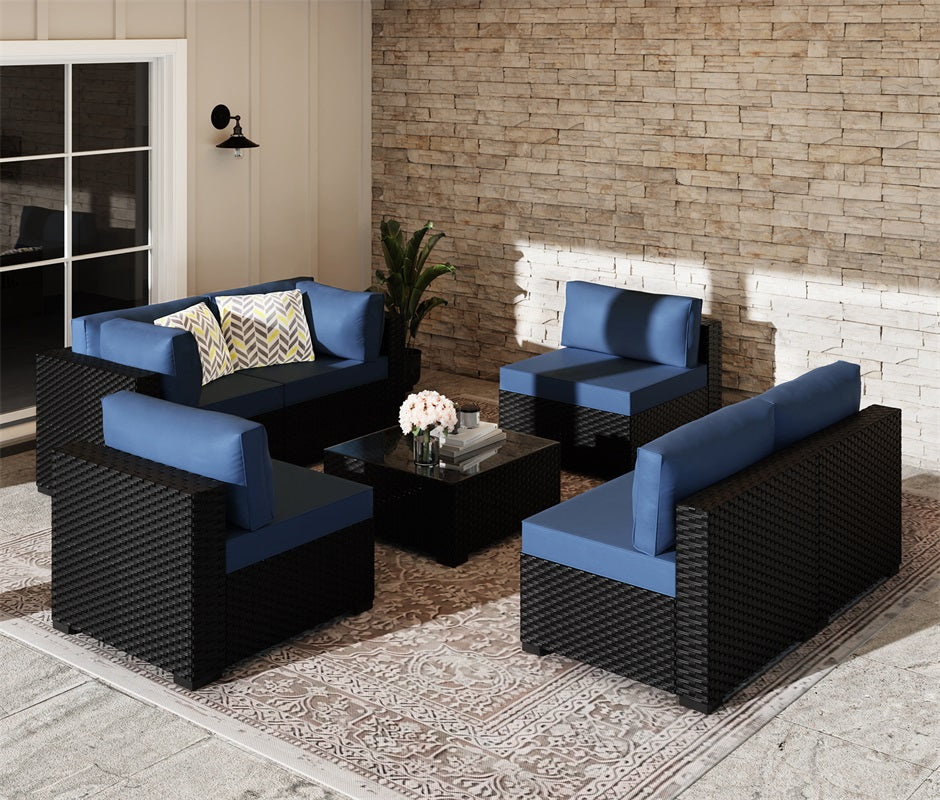 sobaniilowholesale Patio Furniture 7 Pieces Outdoor Sectional Sofa Set, Black Wicker#color_aegean-blue (7047144276144)