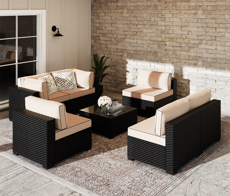 sobaniilowholesale Patio Furniture 7 Pieces Outdoor Sectional Sofa Set, Black Wicker#color_khaki (7047144276144)