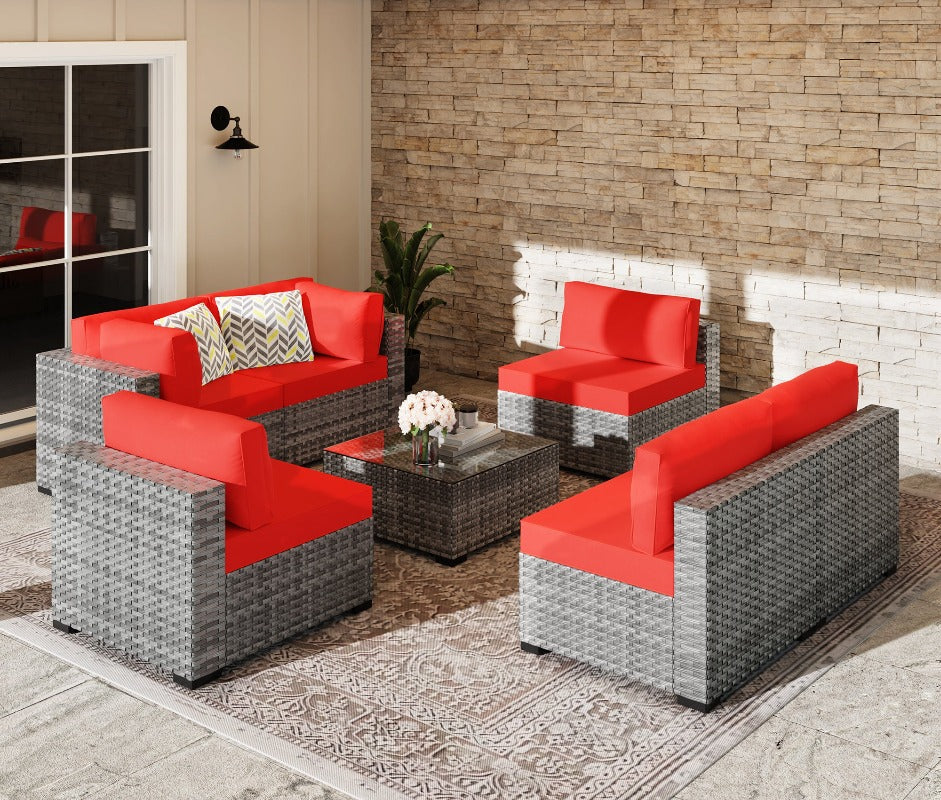 sobaniilowholesale Patio Furniture 7 Pieces Outdoor Sectional Sofa Set, Silver Wicker#color_red (7047155384496)