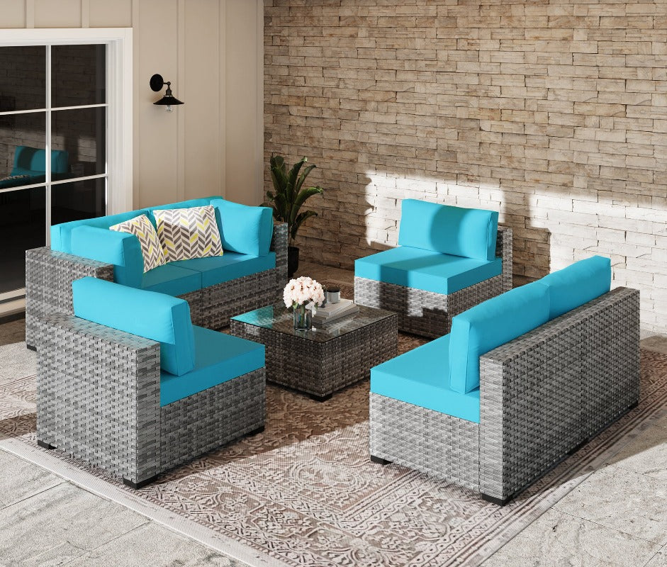 sobaniilowholesale Patio Furniture 7 Pieces Outdoor Sectional Sofa Set, Silver Wicker#color_blue (7047155384496)