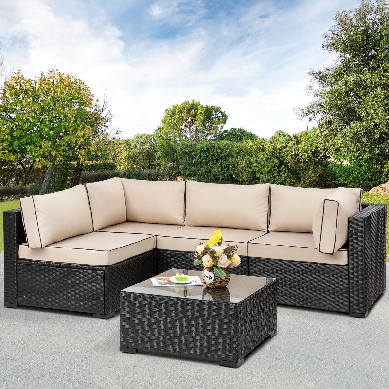 sobaniilowholesale 5 Pieces Outdoor Sectional Sofa, Patio furniture Set#color_khaki