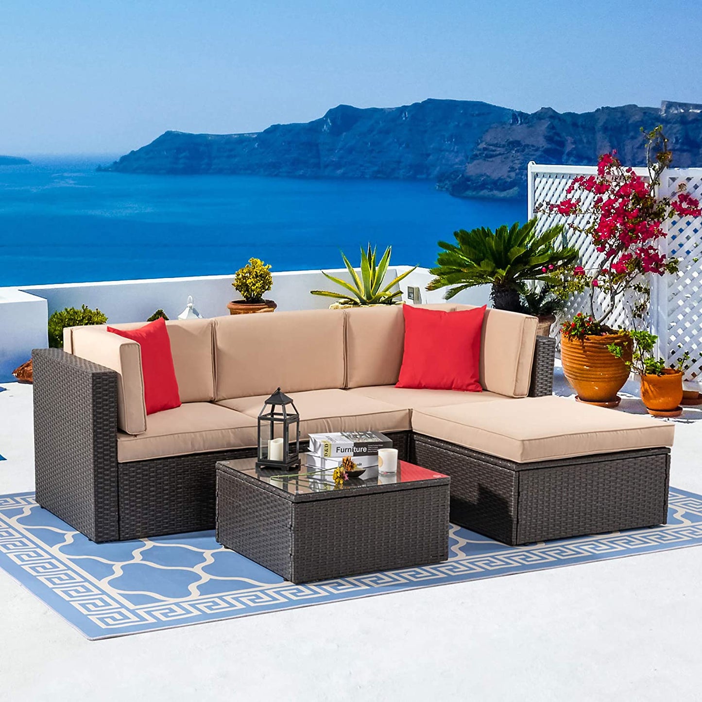 sobaniilowholesale 5 Pieces PE Wicker Chaise Outdoor Sectional Sofa Set