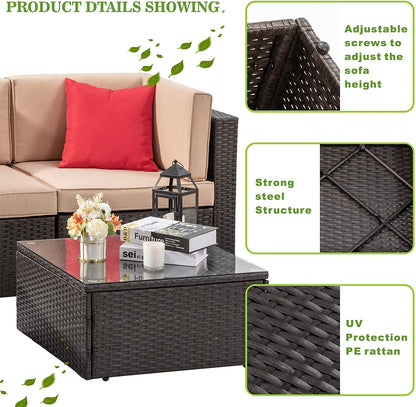 sobaniilowholesale 5 Pieces PE Wicker Chaise Outdoor Sectional Sofa Set