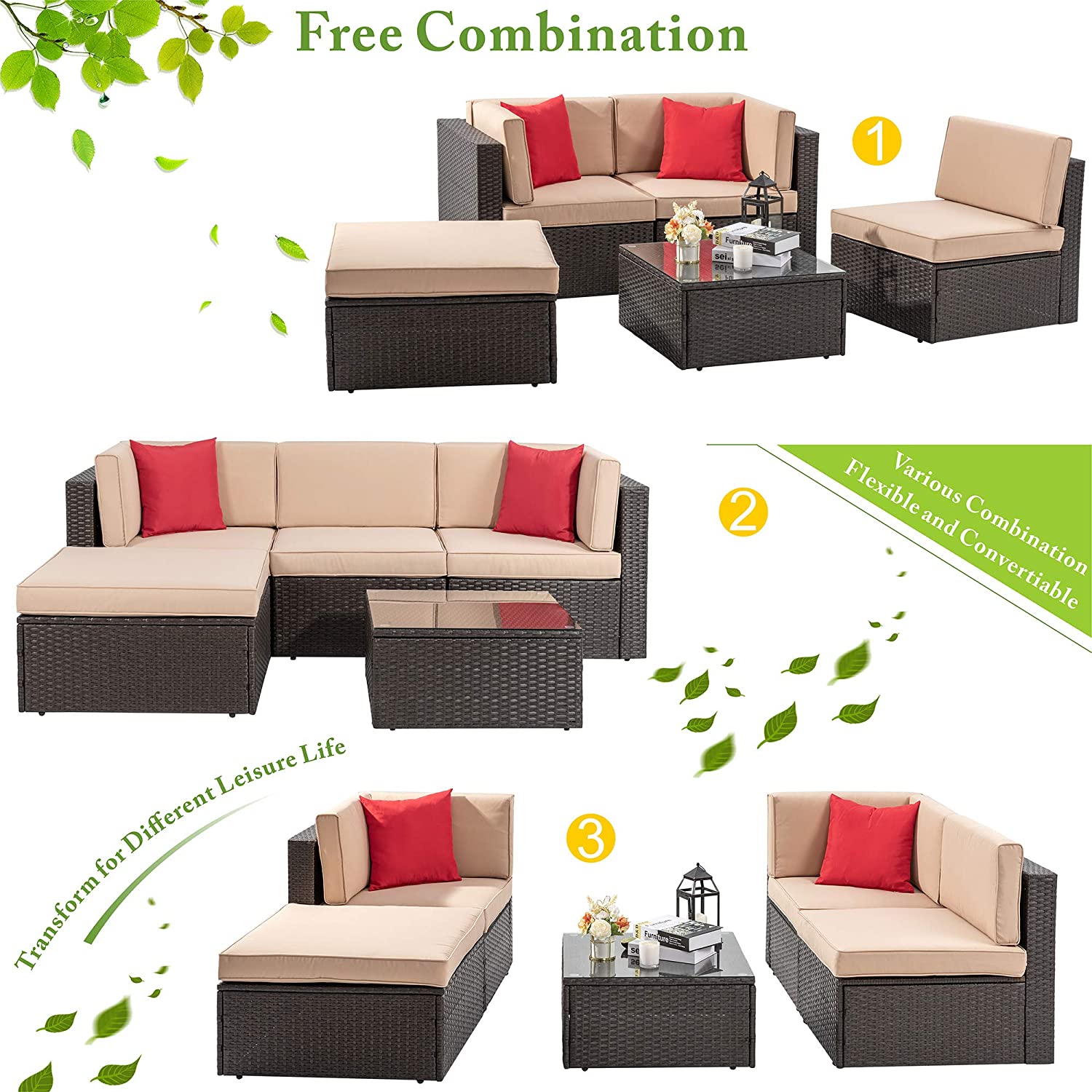 sobaniilowholesale 5 Pieces PE Wicker Chaise Outdoor Sectional Sofa Set