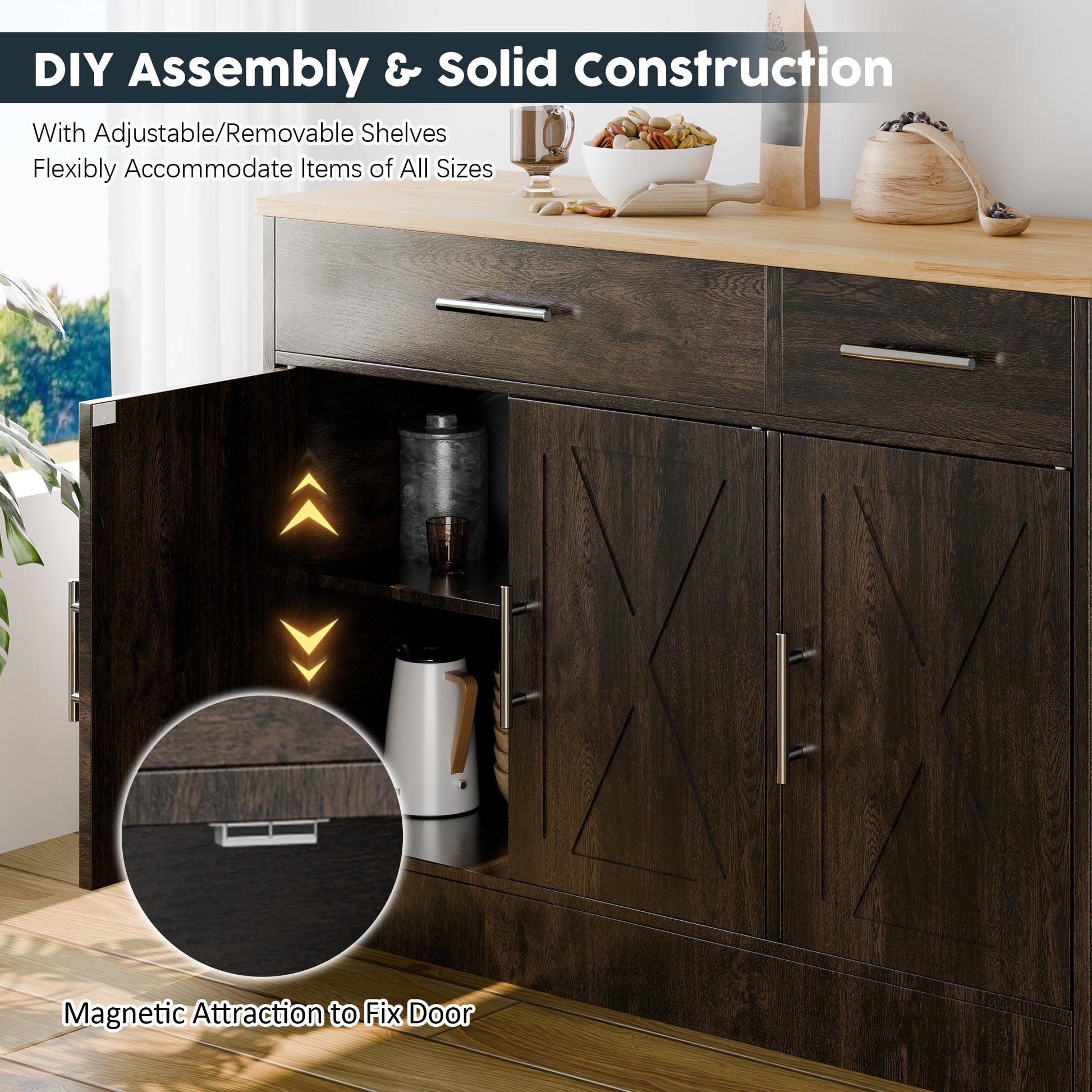 sobaniilowholesale Kitchen Buffet Sideboard Cabinet with Adjustable Shelf,Wooden Storage Cabinet with 3 Doors and 2 Drawers,Modern Farmhouse Coffee Bar Cabinet with Storage for Kitchen/Living Room (7612679061680)