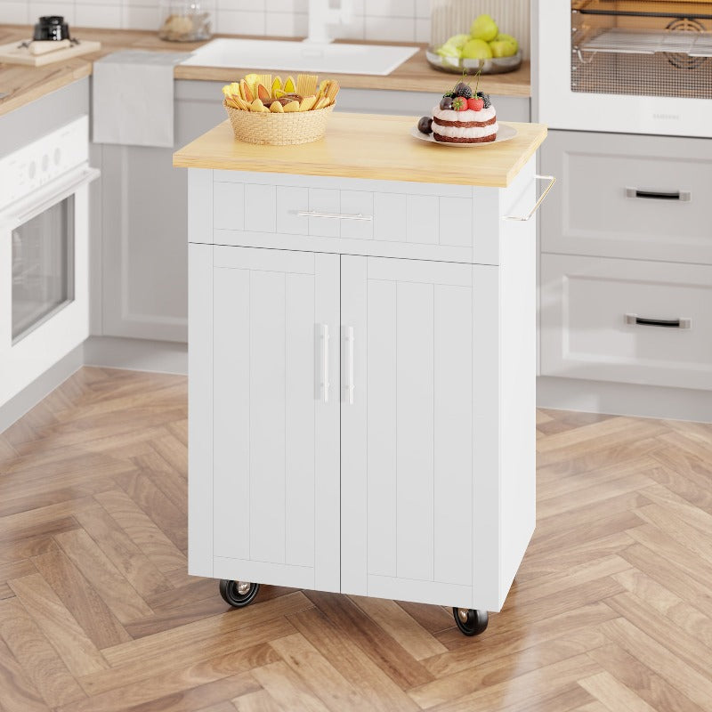 sobaniilowholesale 26 Rolling Kitchen Island with Solid Wood Top#color_white