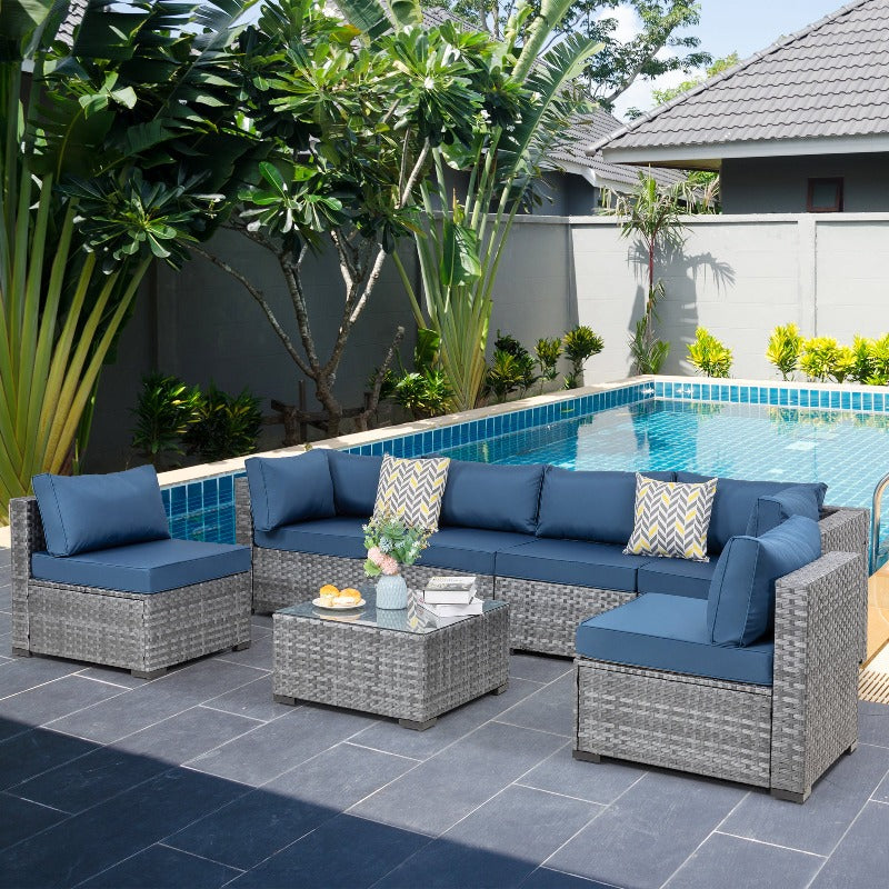 sobaniilowholesale Patio Furniture 7 Pieces Outdoor Sectional Sofa Set, Silver Wicker#color_aegean-blue (7047155384496)