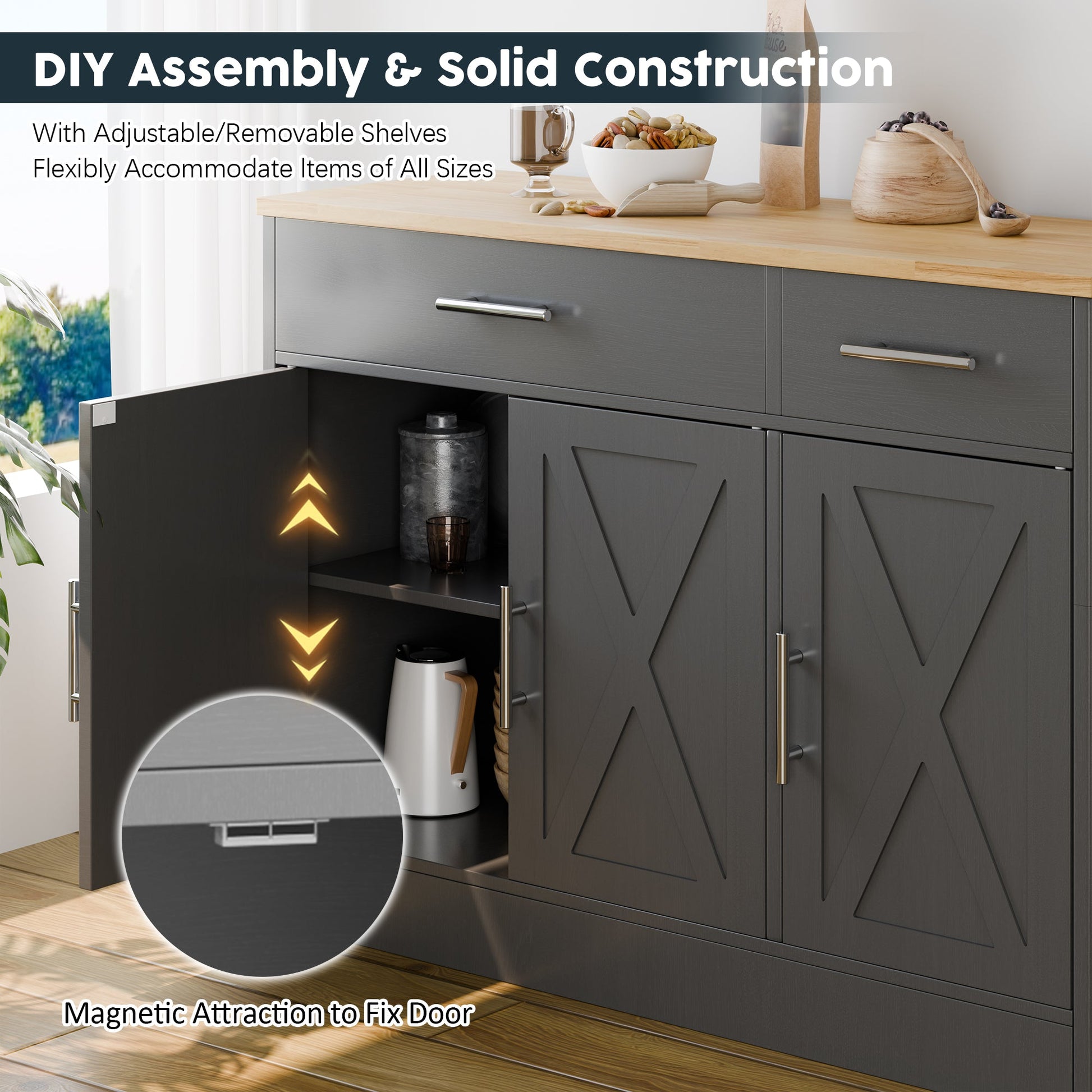 sobaniilowholesale Kitchen Buffet Sideboard Cabinet with Adjustable Shelf,Wooden Storage Cabinet with 3 Doors and 2 Drawers,Modern Farmhouse Coffee Bar Cabinet with Storage for Kitchen/Living Room (7612679061680)