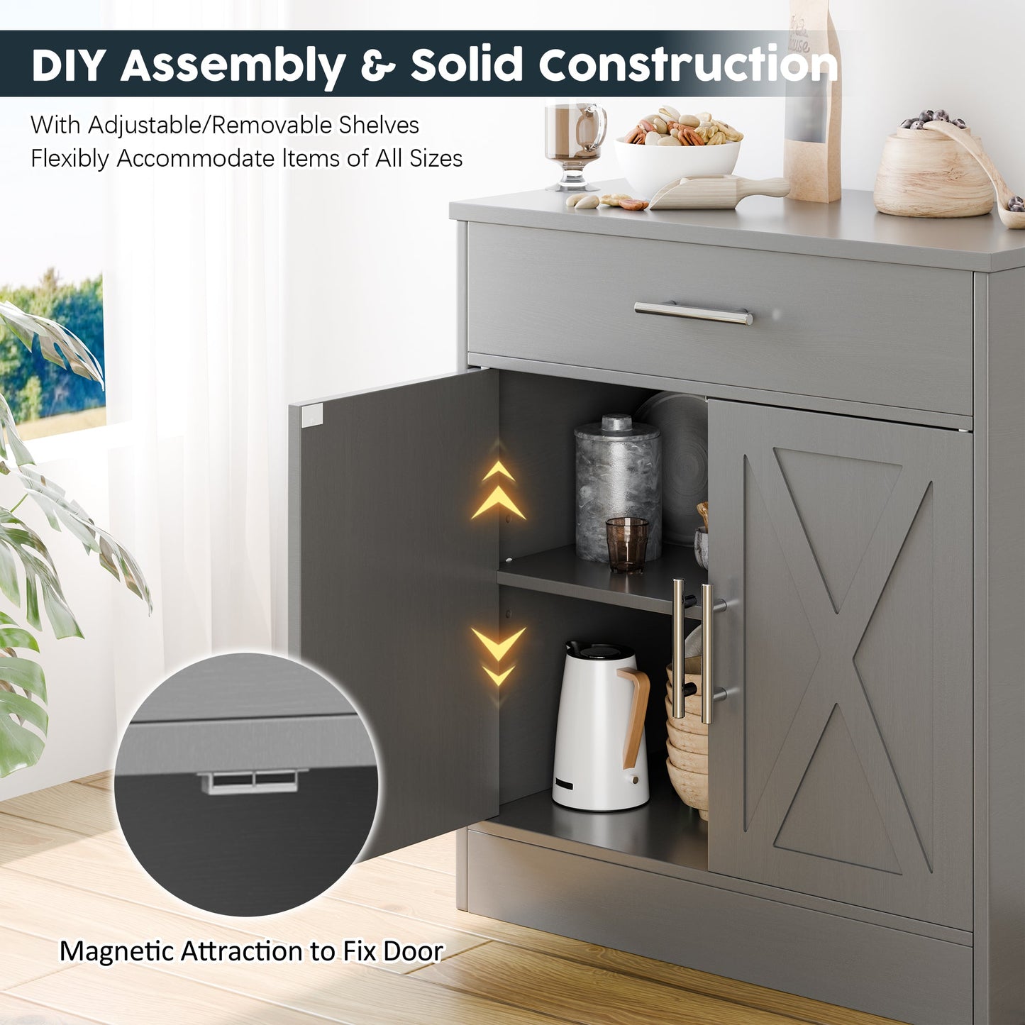 sobaniilowholesale Kitchen Buffet Sideboard Cabinet with Adjustable Shelf,Wooden Storage Cabinet with 2 Doors and 1 Drawers,Modern Farmhouse Coffee Bar Cabinet with Storage for Kitchen/Living Room,Grey (7610077905072)