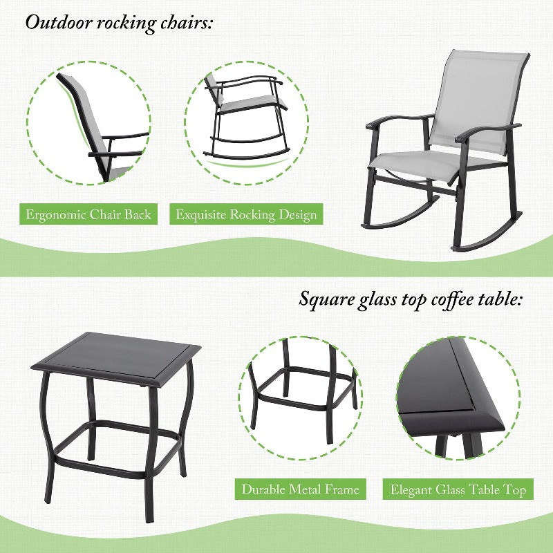 sobaniilowholesale Patio Furniture 3 Pieces Textilene Outdoor Bistro Rocking Chair Set