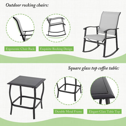 sobaniilowholesale Patio Furniture 3 Pieces Textilene Outdoor Bistro Rocking Chair Set