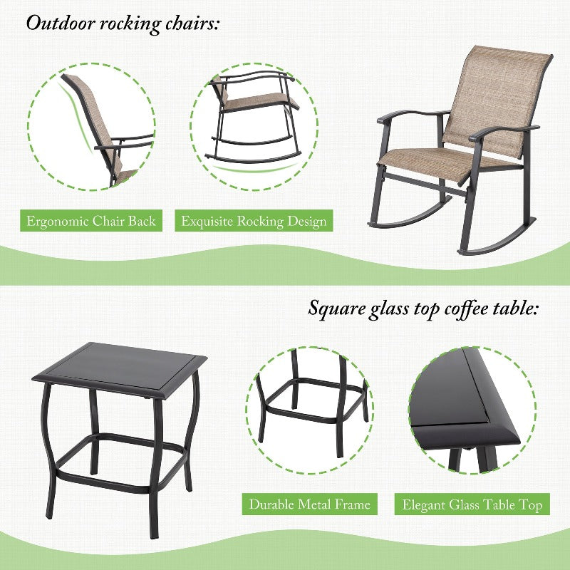 sobaniilowholesale Patio Furniture 3 Pieces Textilene Outdoor Bistro Rocking Chair Set