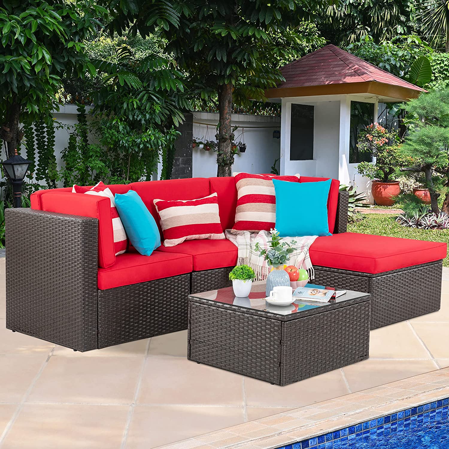 sobaniilowholesale 5 Pieces PE Wicker Chaise Outdoor Sectional Sofa Set