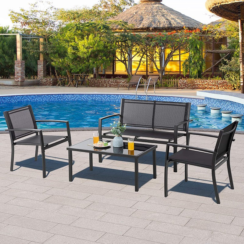 sobaniilowholesale 4 Pieces Outdoor Furniture Set, Modern Metal Textilene, Patio Loveseat & Glass Table, Black#color_black