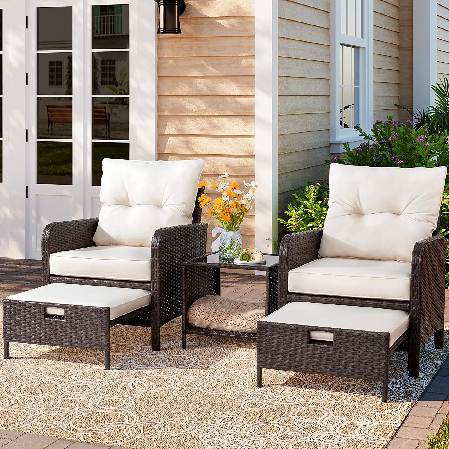 sobaniilowholesale 5 Piece Outdoor Recliner Conversation Set With Beige Cushions, Wicker PE Rattan