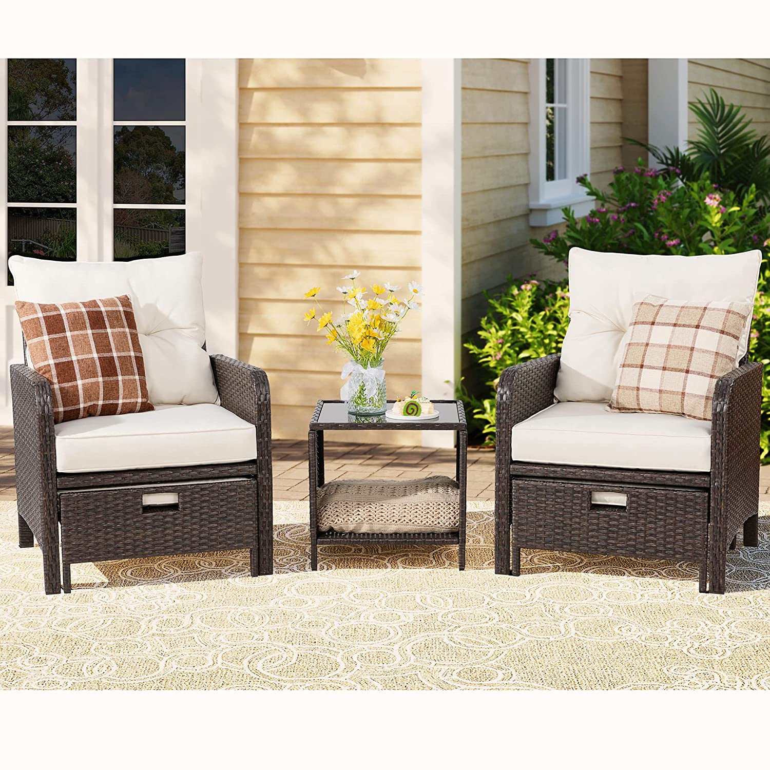 sobaniilowholesale 5 Piece Outdoor Recliner Conversation Set With Beige Cushions, Wicker PE Rattan