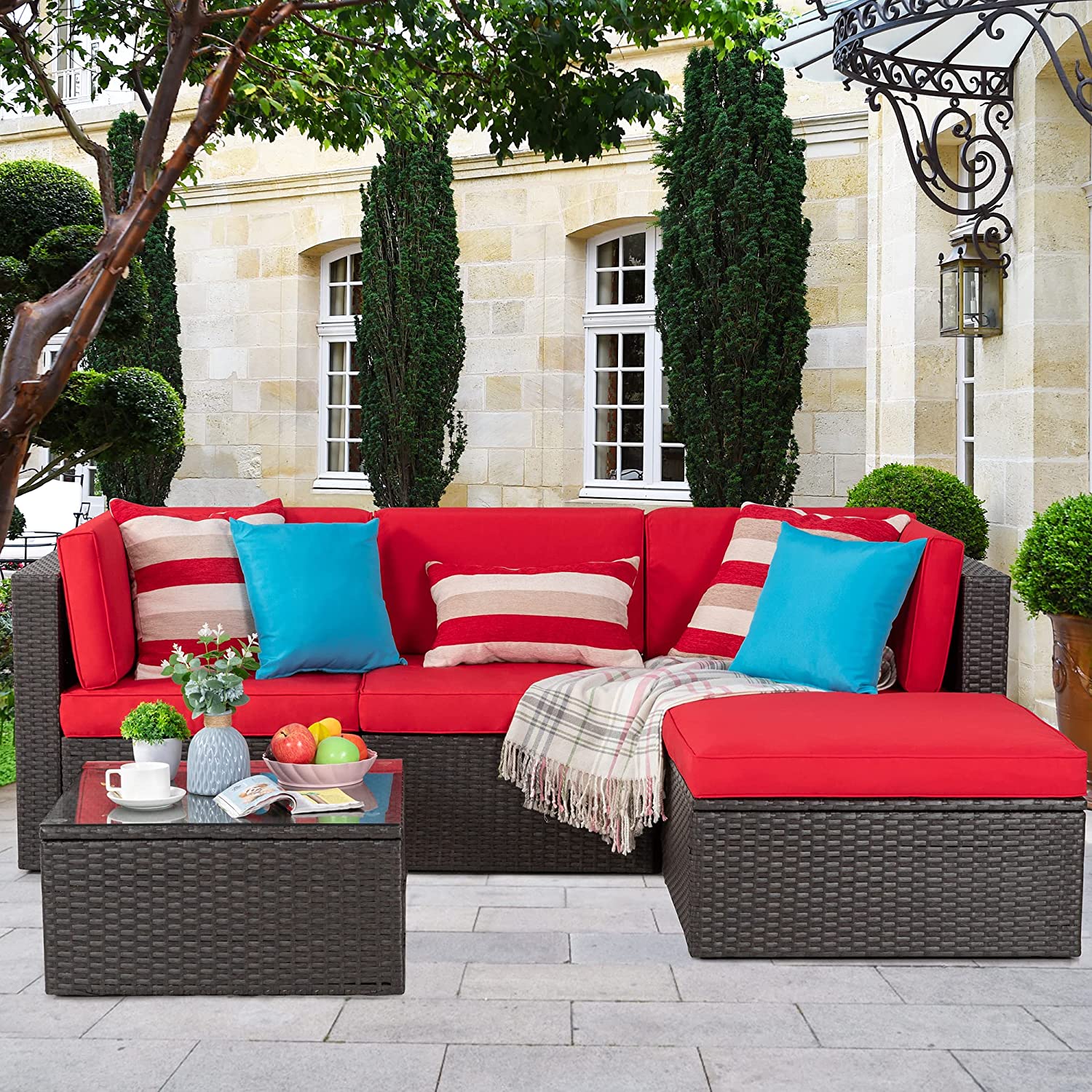 sobaniilowholesale 5 Pieces PE Wicker Chaise Outdoor Sectional Sofa Set