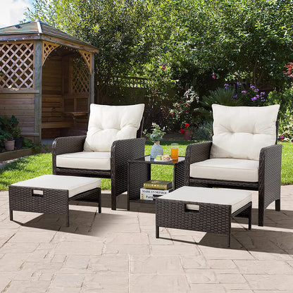 sobaniilowholesale 5 Piece Outdoor Recliner Conversation Set With Beige Cushions, Wicker PE Rattan