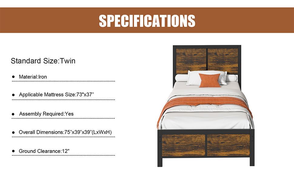 sobaniilowholesale Twin Bed Frame with Headboard and Footboard, Strong Steel Slat Support