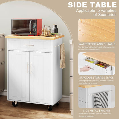 sobaniilowholesale 26 Rolling Kitchen Island with Solid Wood Top#color_white