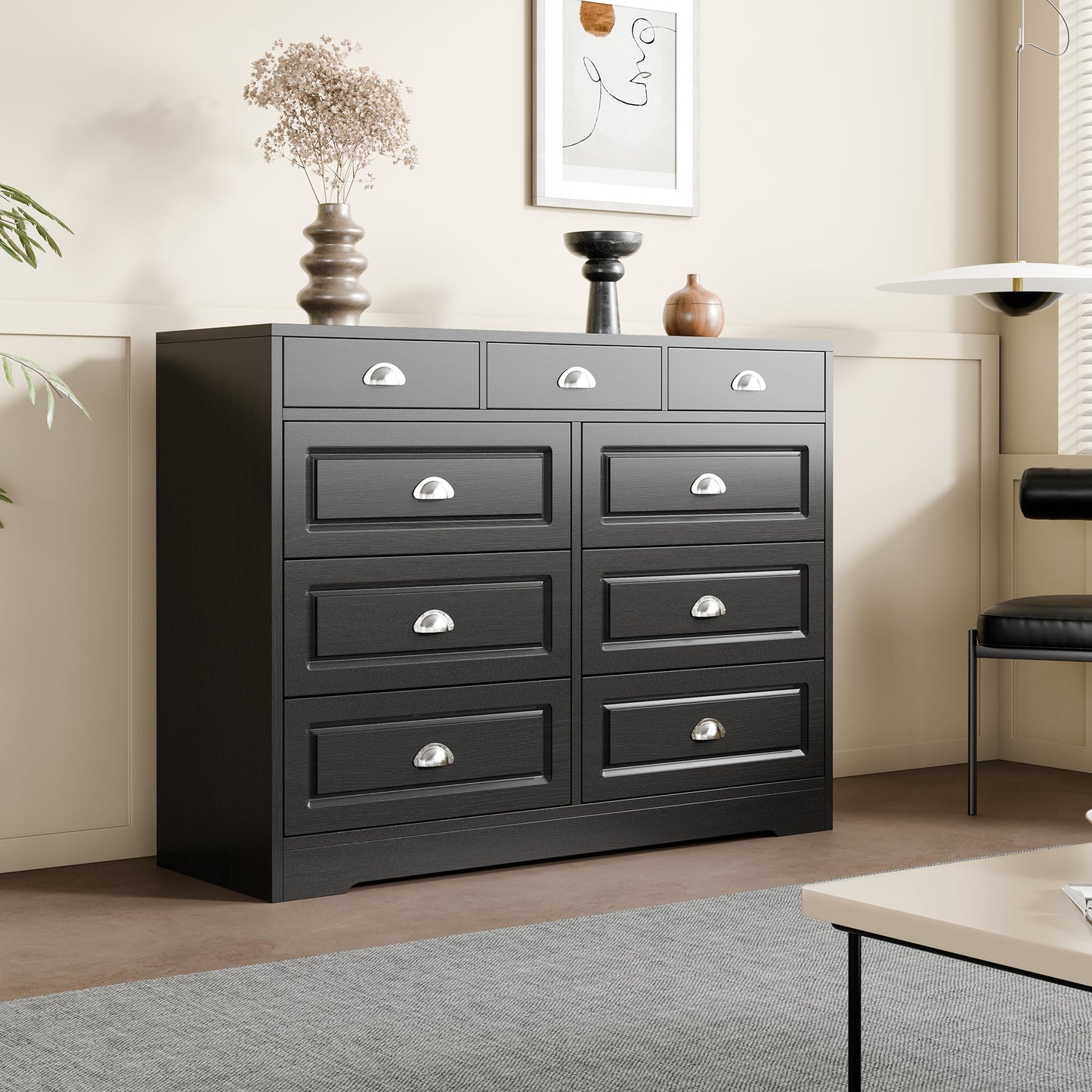 sobaniilowholesale 9 Drawer Double Dresser Black Wooden Wide Chest of Drawers with Metal Handles Storage Organizer Dresser Nursery Dresser for Living Room Hallway (7504222027952)